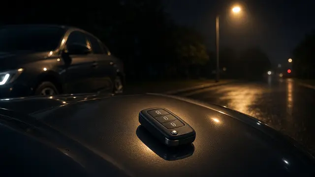 Car key fob on a car at night by the roadside